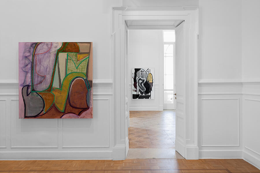 Amy Sillman's colourful oil paintings hanging in a white gallery space.