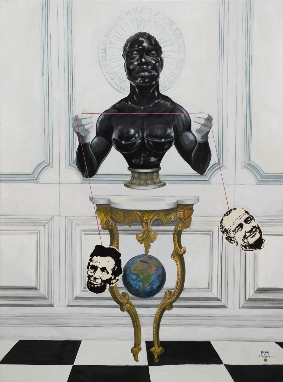 A bust of a black man in a neoclassical interior, holding a red string that dangles the head of presidents